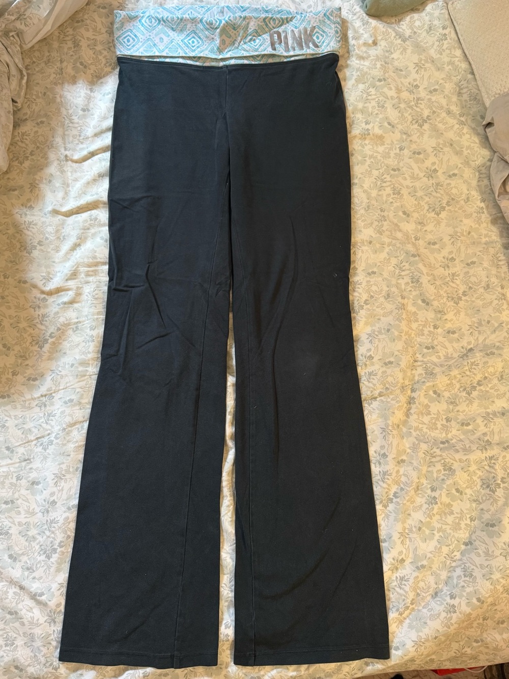 PINK Victoria's Secret Black Boot Cut Yoga Pants with Blue Patterned Waistband
